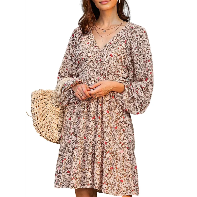 Abiti autunnali da donna Boho floreale scollo a V manica lunga smock elastico in vita casual mini abito a trapezio prendisole