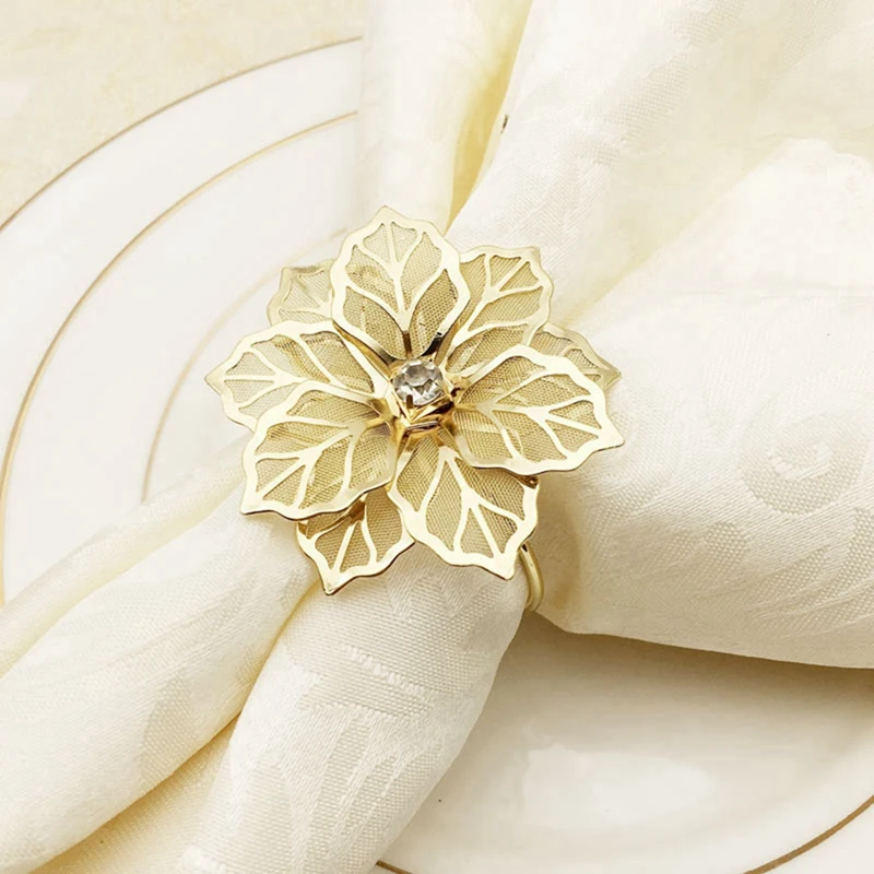 60Pcs Flower Design Napkin Rings Metal Gold Napkin Buckle Napkin Ring Holder