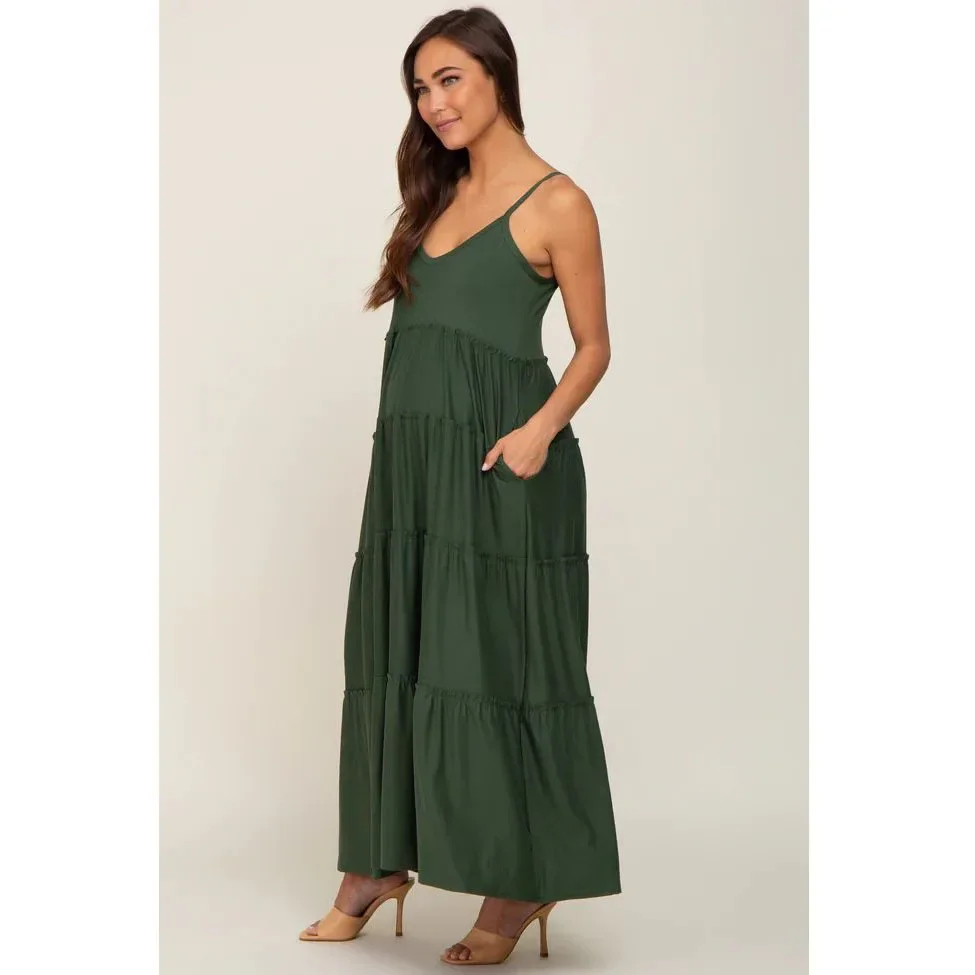 

Summer American Fashion Pregnant Woman's Dress with Layered Green Camisole and Ruffle Edges 24ss Y2k Youth Pregnancy Long Dress