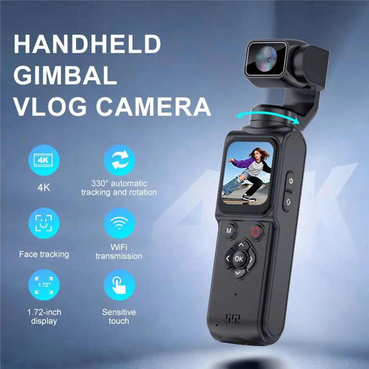 newA10R 4K Vlog Pocket Gimbal Camera with Face Tracking,18x Zoom, WiFi Handheld Stabilizer for Live Streaming Travel Vlogging A