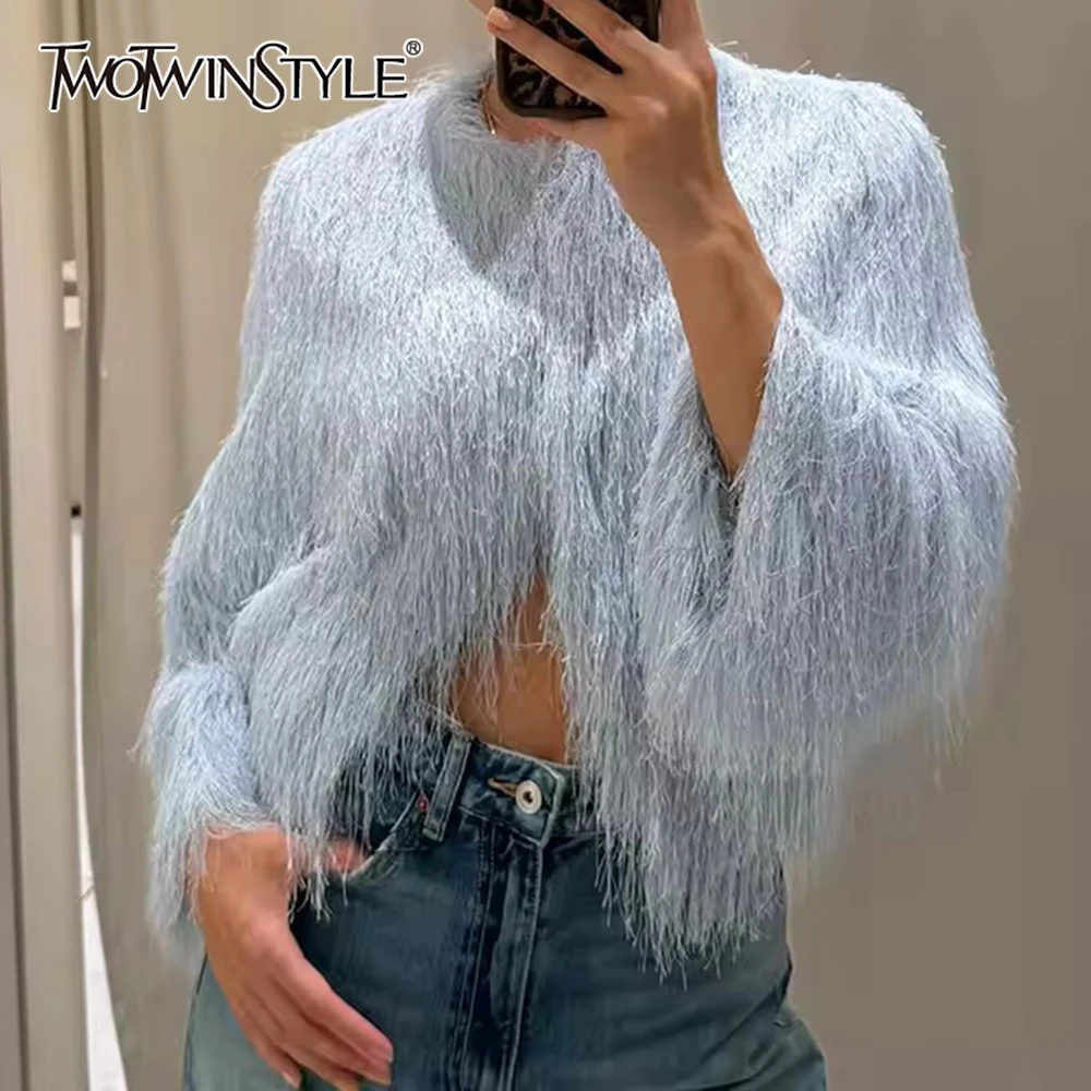 

TWOTWINSTYLE сексуальная модная куртка с кисточками для женщин с круглым вырезом и длинным рукавом, темпераментное свободное пальто с нерегулярным подолом, женское новое