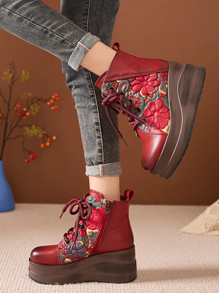 Birkuir Retro Plush Snow Boots Wedges Ankle Boots For Women Printing Flowers Lace Up Zip Genuine Leather 8cm Thick Heel Shoes