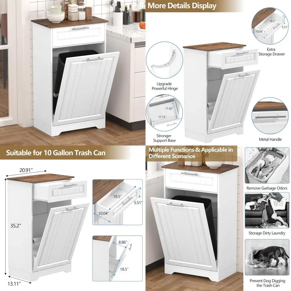 

Wooden Kitchen Trash Can Cabinet with 10 Gallon Capacity, Storage Drawer, and Hidden Laundry Hamper for Organization