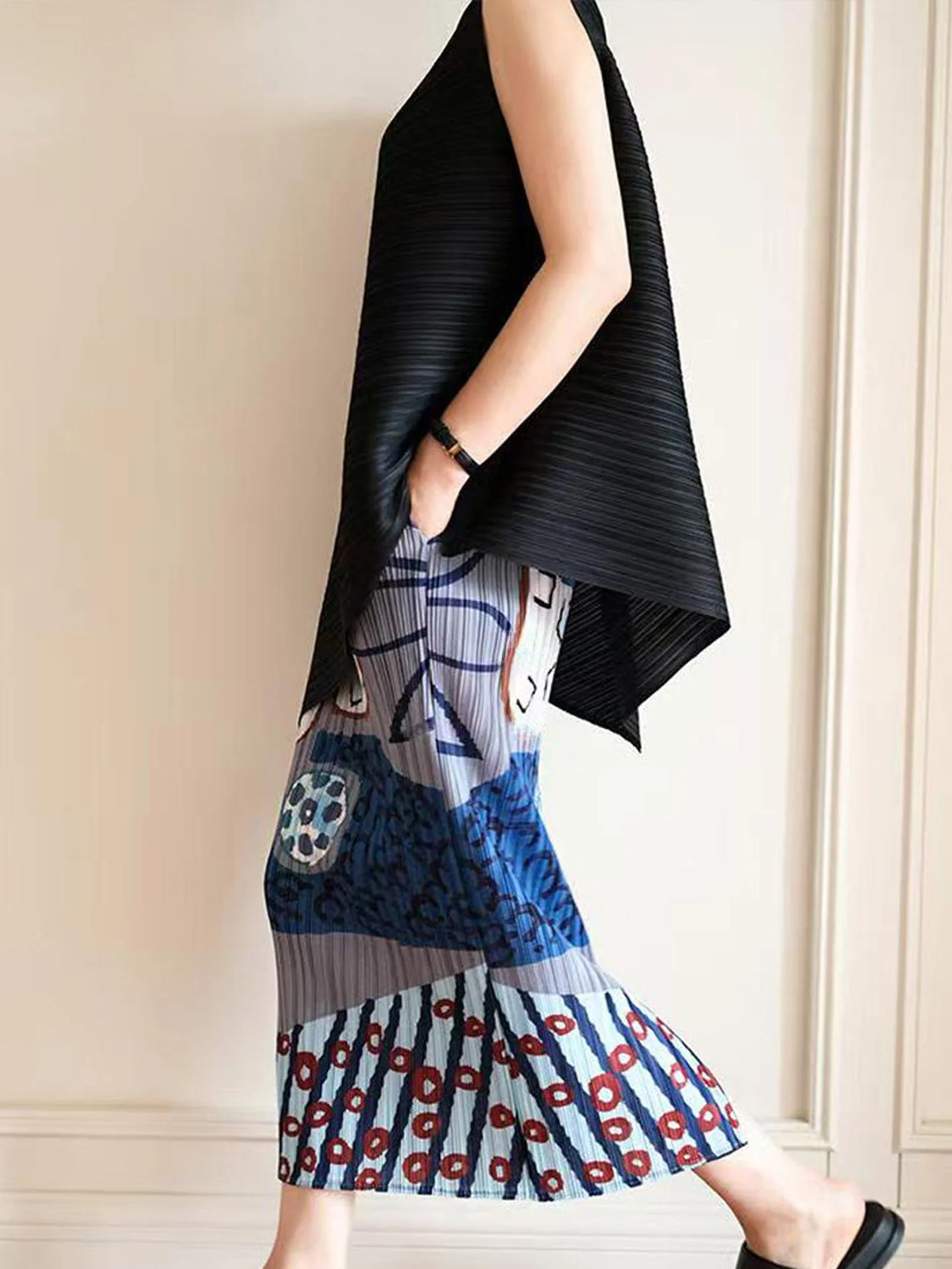 

Comfortable High Waist Casual Simple Printed Pleated Long Skirt Women's Commute Style Polyester High Elasticity A-Line Skirt