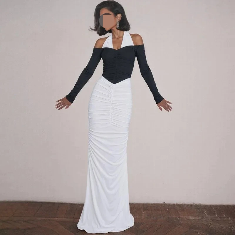 

Talenza Women's Halter Neck Dress Fashion Sexy Backless Ruffled Patchwork Elegant Dress High-Waisted Female Party Evening Dress