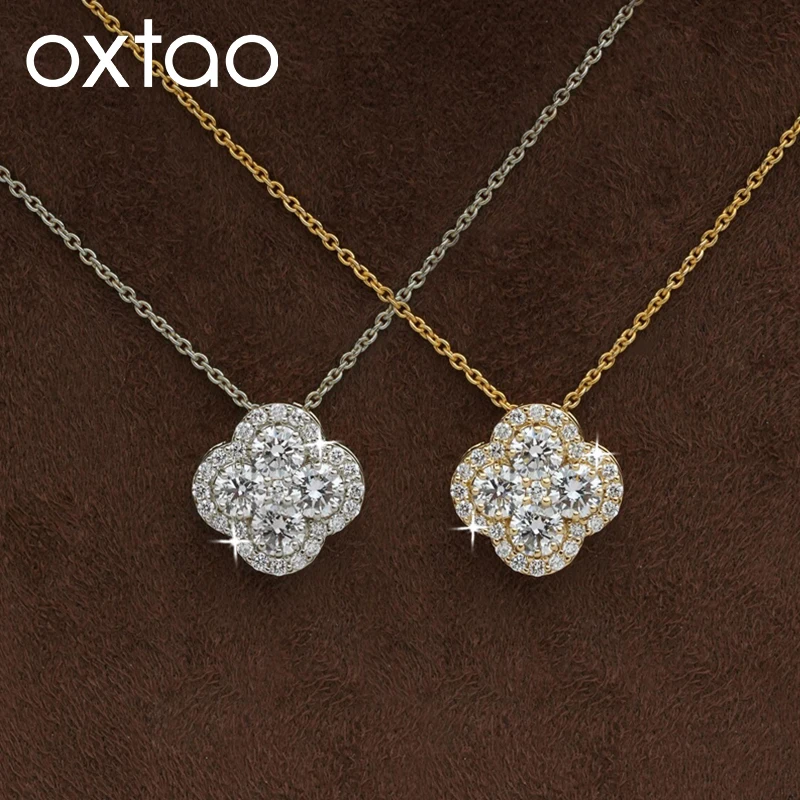 OXTAO Luxury Moissanite Four-leaf Necklace for Women D Color Flower Charm Pendant Necklace Wedding Jewelry Gift 14K Gold Filled