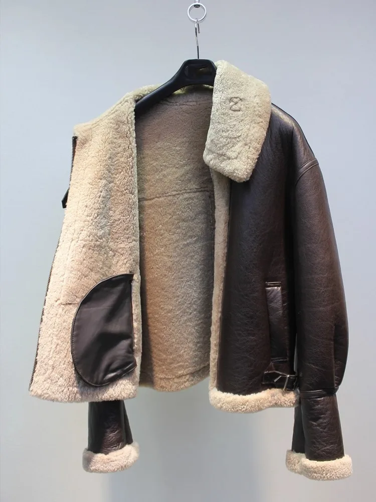 Winter Women Moto Biker Style Natural Shearling Overcoat Sheepskin Genuine Leather Real Wool Jacket Warm Sheep Fur Lining Coat