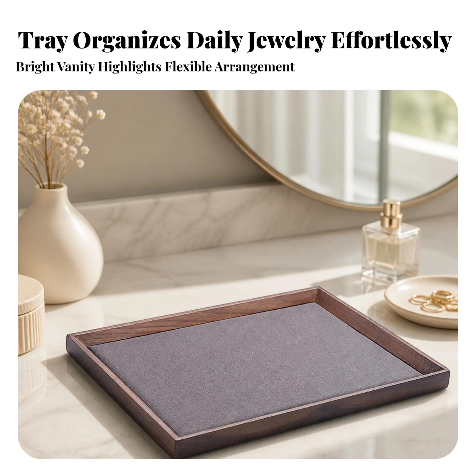 Wooden Jewelry Tray Rectangular Jewelry Tray with Felt Li-Ning Slim Open-Design for Collectors, Dresser, Vanity