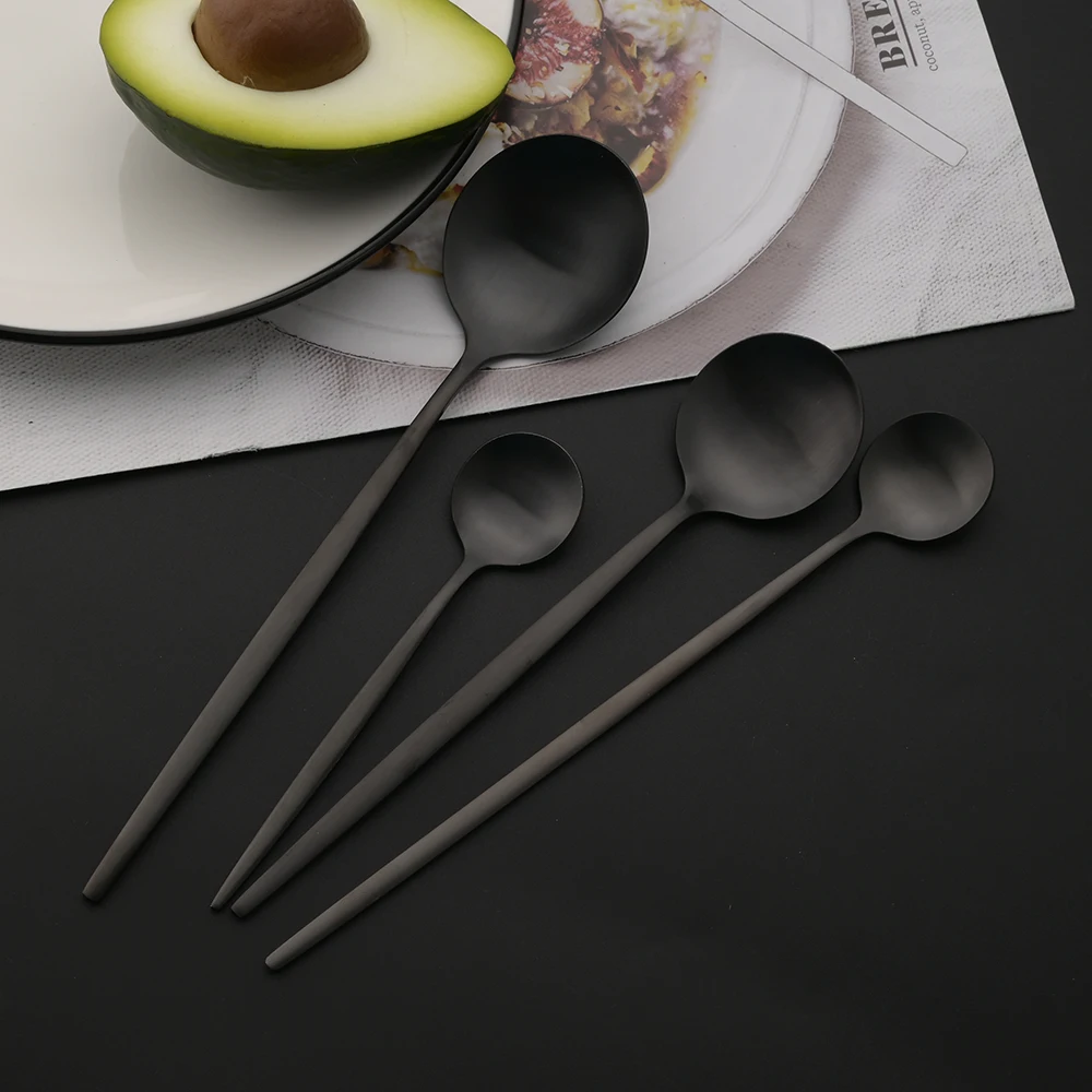 Matte 6Pcs Black Dinnerware Cutlery Set Stainless Steel Flatware Set Kitchen Silverware Ice Spoon Fork Dessert Knife Tableware