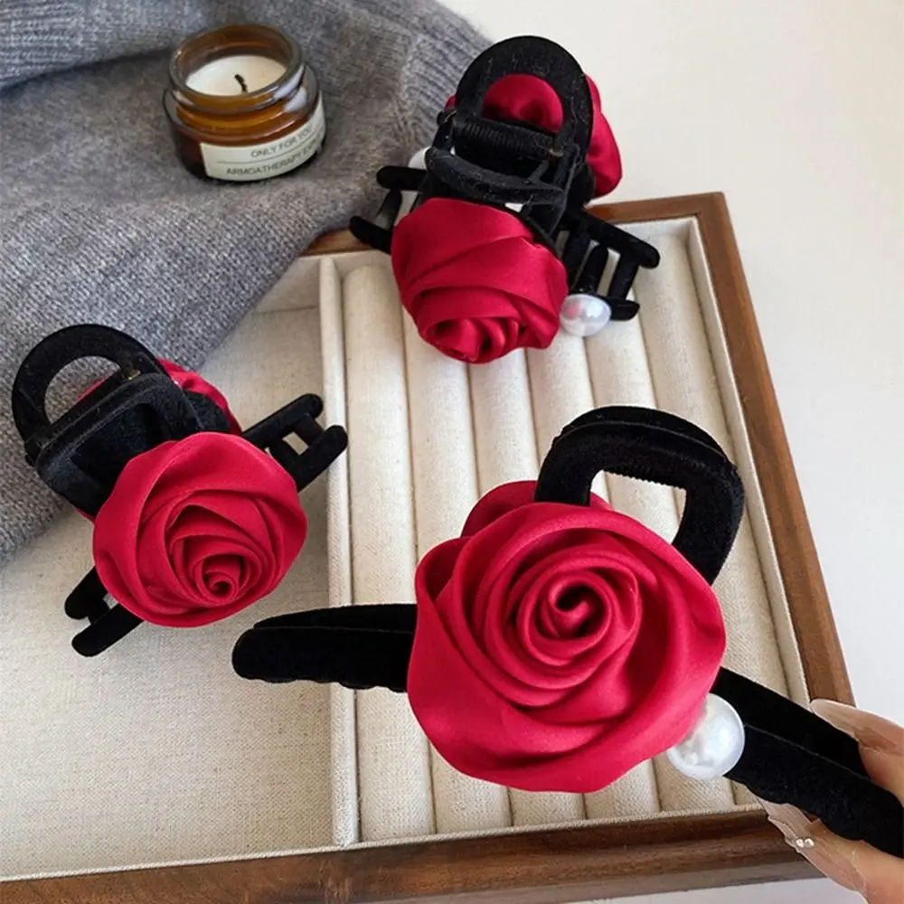 Personalized Pearl Velvet Bow Hair Claw Flower Grab Clip Red Rose Hair Clip Geometric Headwear Velvet Headband Streetwear