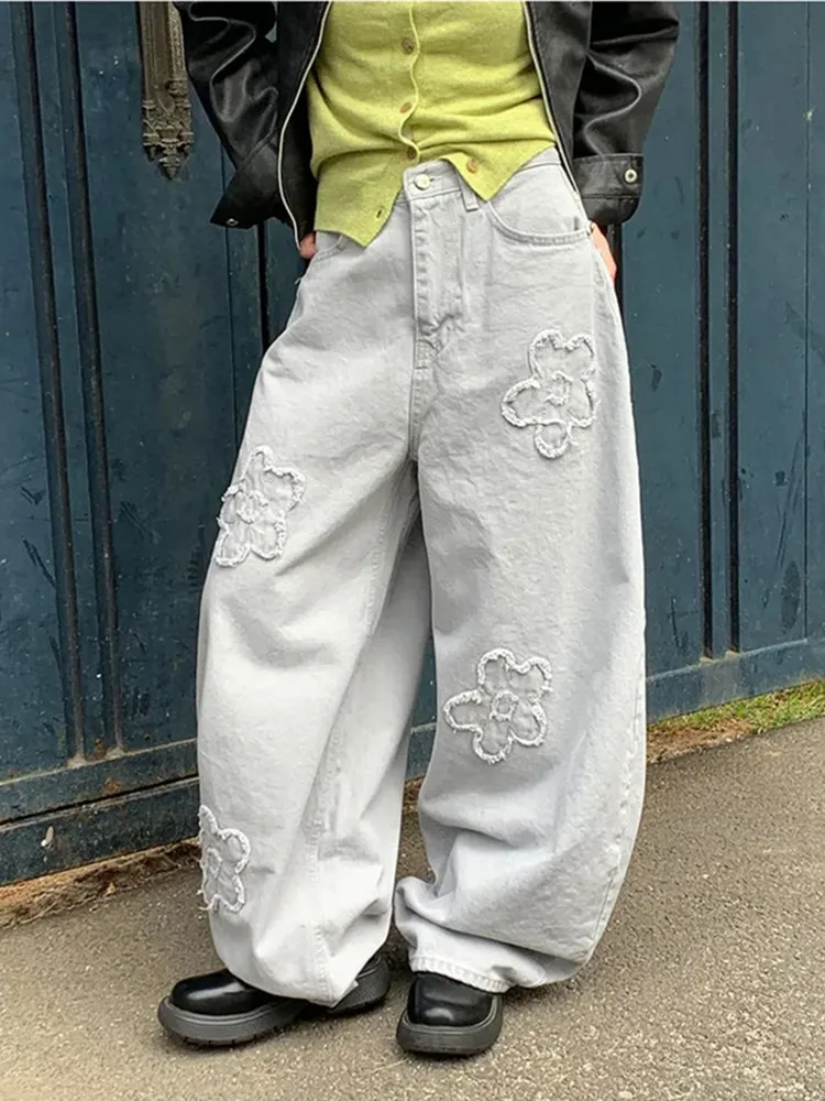 

2025 Ropa Y2K, модные серые мешковатые женские джинсы с цветочной вышивкой, брюки, женская одежда, свободные хлопковые длинные брюки с широкими штанинами
