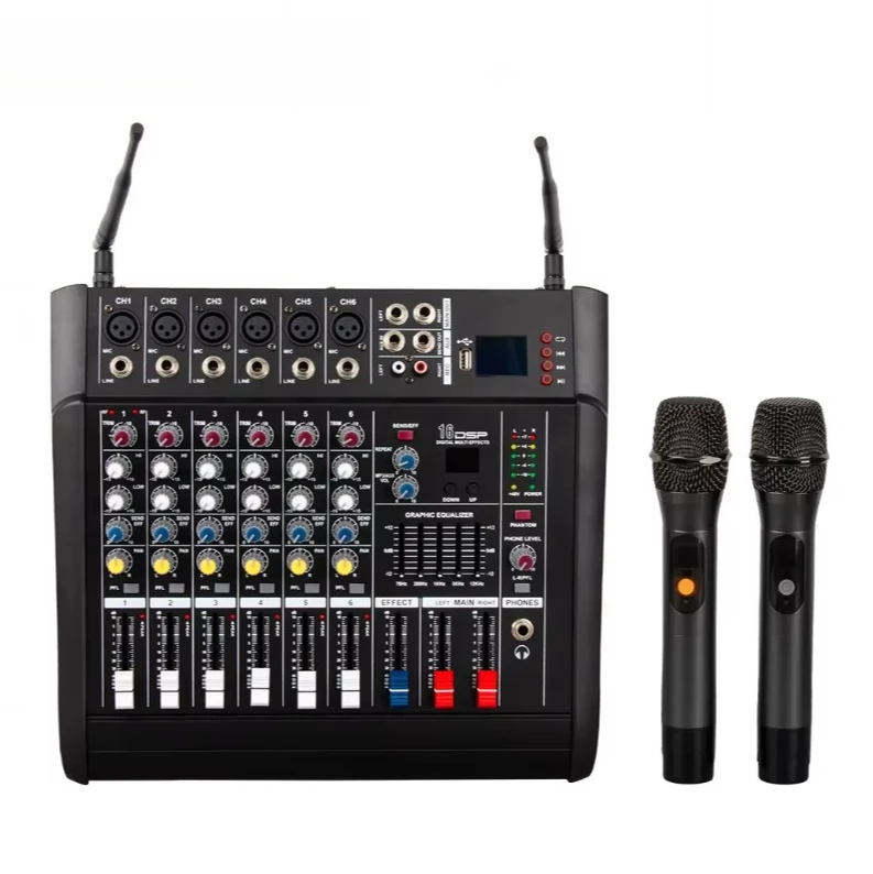 

Professional 6 Channel Sound Mixer Built-in Amp With Dual Wireless Mics, Karaoke Stage Studio DJ Controller/Audio Console Mixer