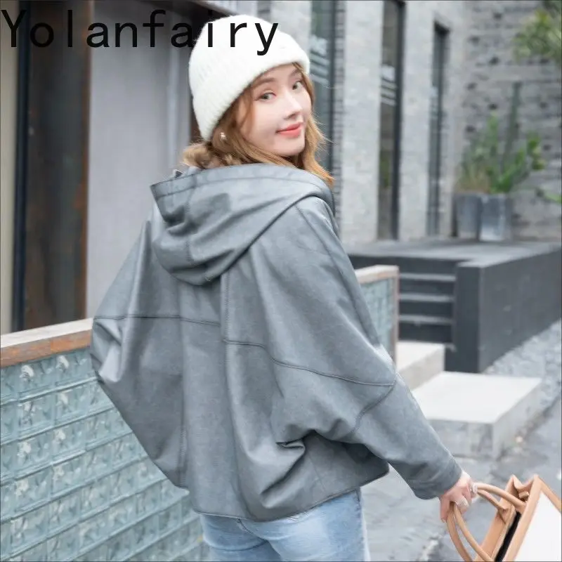 YOLANFAIRY jaket kulit wanita, jaket kulit domba asli, pakaian luar longgar musim semi musim panas, mantel penahan angin bertudung pendek mantel Korea baru