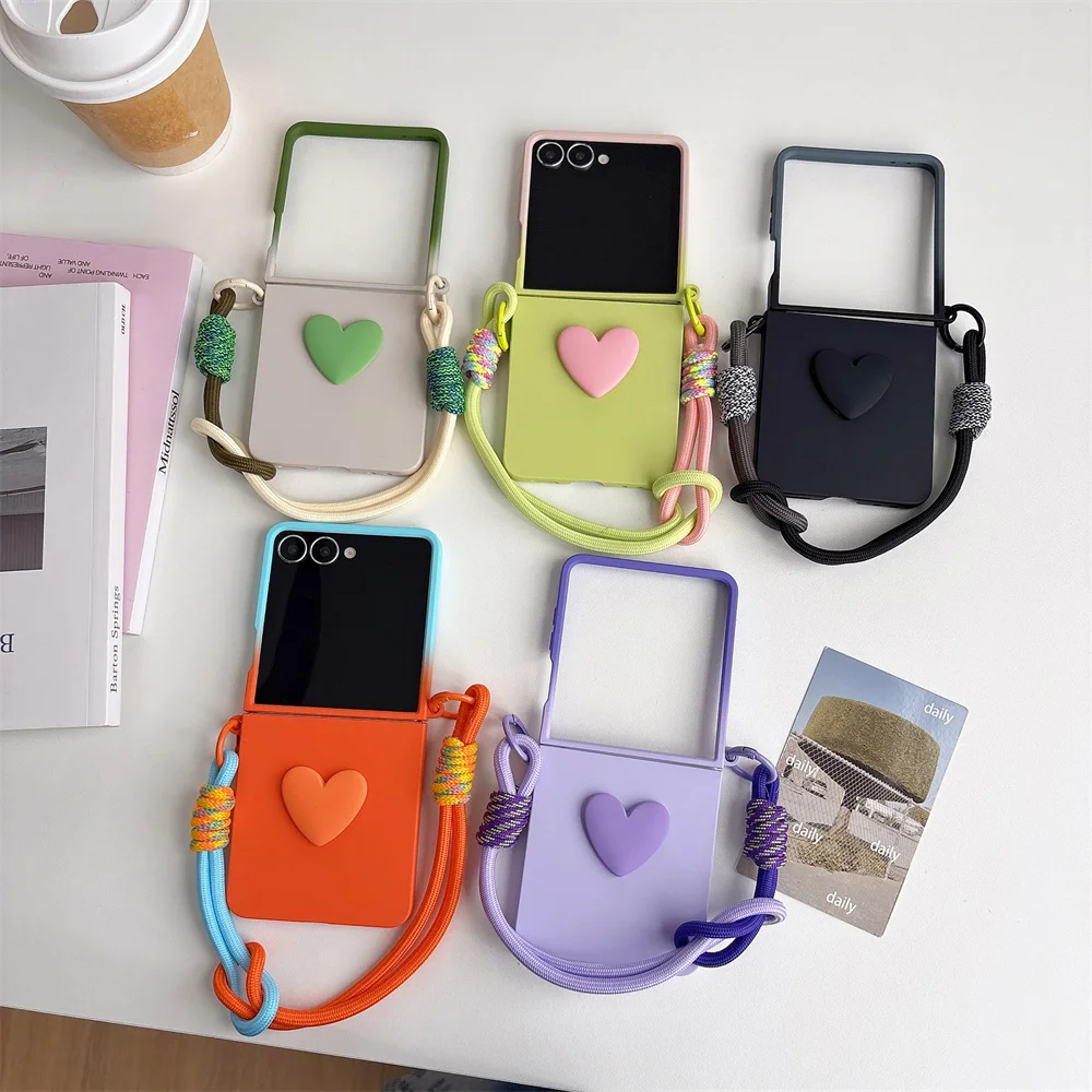 Gradient Color Love Heart Hard PC Phone Case Braided Colorful  Wrist Hand Strap Lanyard For Samsung Galaxy Z Flip 8 7 FE 6 5 4 3