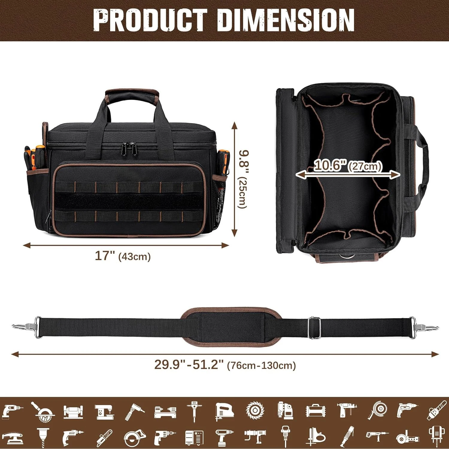 17''Large Capacity Tool Kit 20 Pockets Portable Tool Kit with Shoulder Strap Wide Mouth Tool Bag for Electrician Mechanics