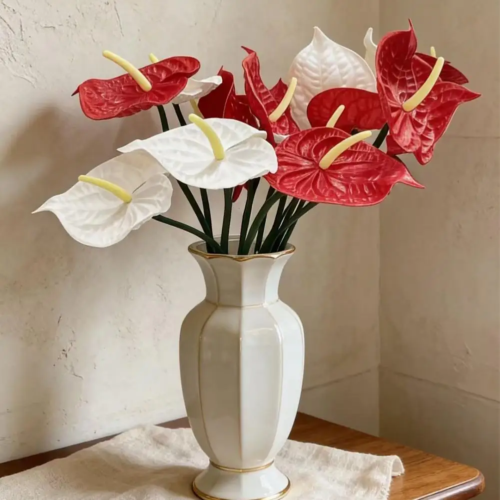 Realistic Silk Flower 26 Real Touch Anthuriums Plant Artificial Flowers Long Stem Faux Tropical Arrangement Diy Vase for Home
