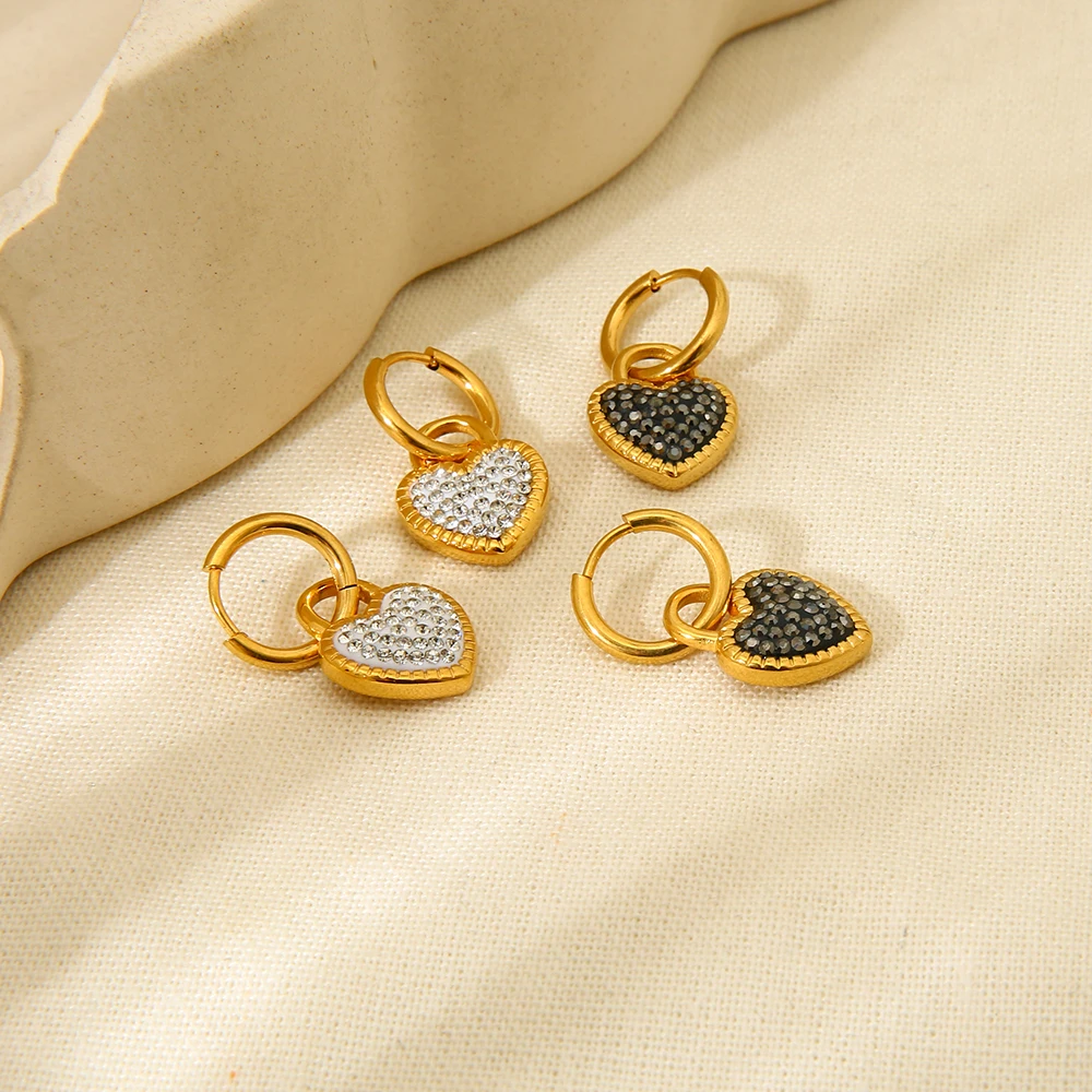 Stylish Stainless Steel 18k Gold Plated Glass Stone Paved Heart Dangle Hoop Earrings for Women Jewelry Party Gift