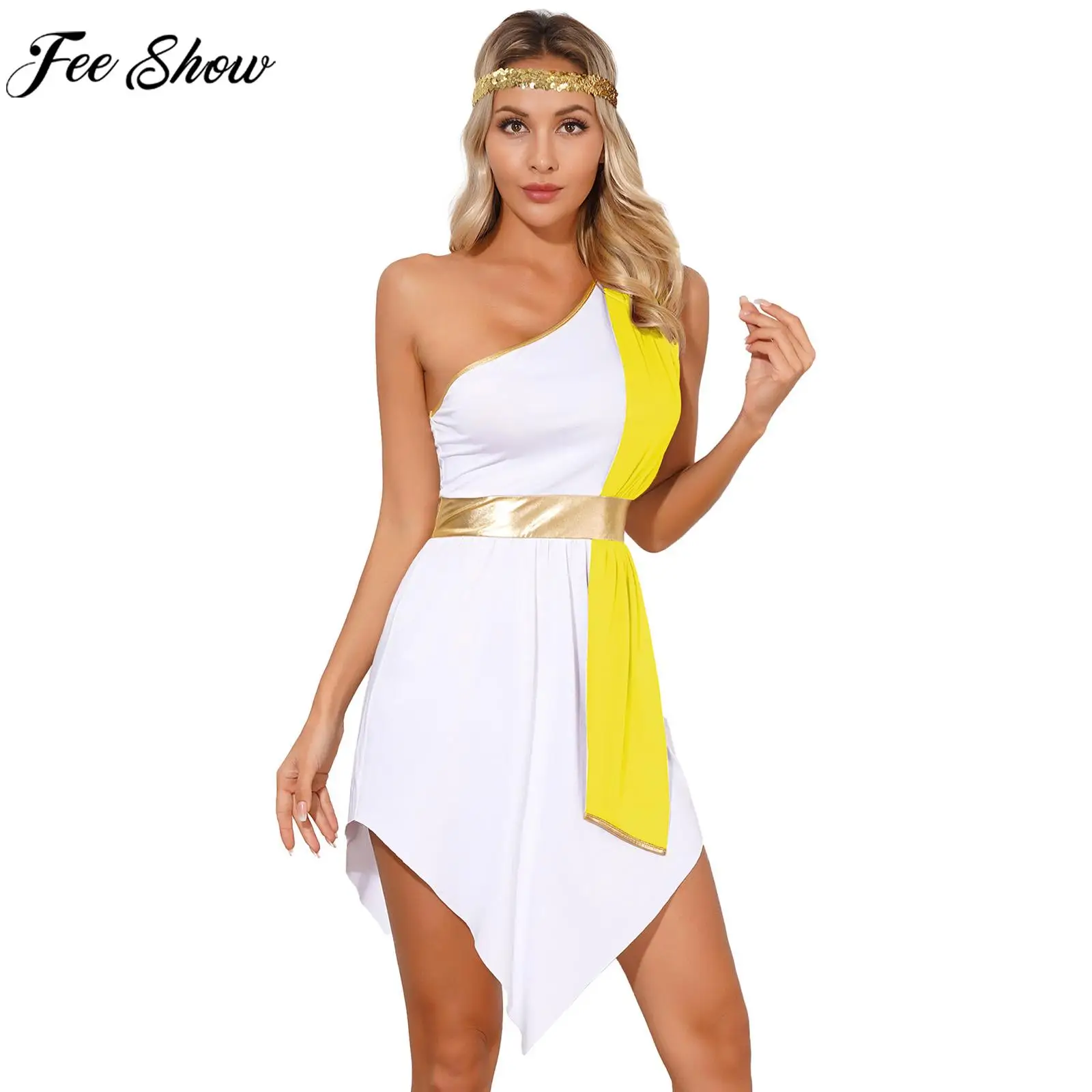 Women Ancient Greek Roman Athena Goddess Princess Cosplay Costume Halloween Cleopatra Queen Role Play Toga Dress with Headband