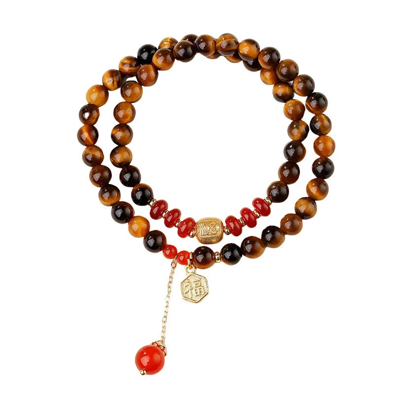 Natürliches Tigerauge Doppelschlaufen-Armband für Damen, Neuer Chinesischer Stil Zakiram Mode-Armband mit Rotem Achat für Paargeschenke