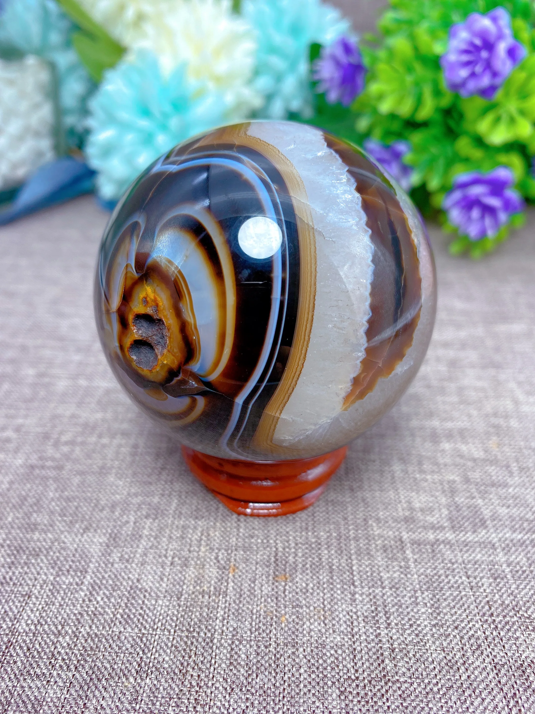 Natural Crystal Black Banded Agate Sphere With Druzy Free Form Carving Reiki Healing Stone Home Decoration Exquisite Gift+Stand