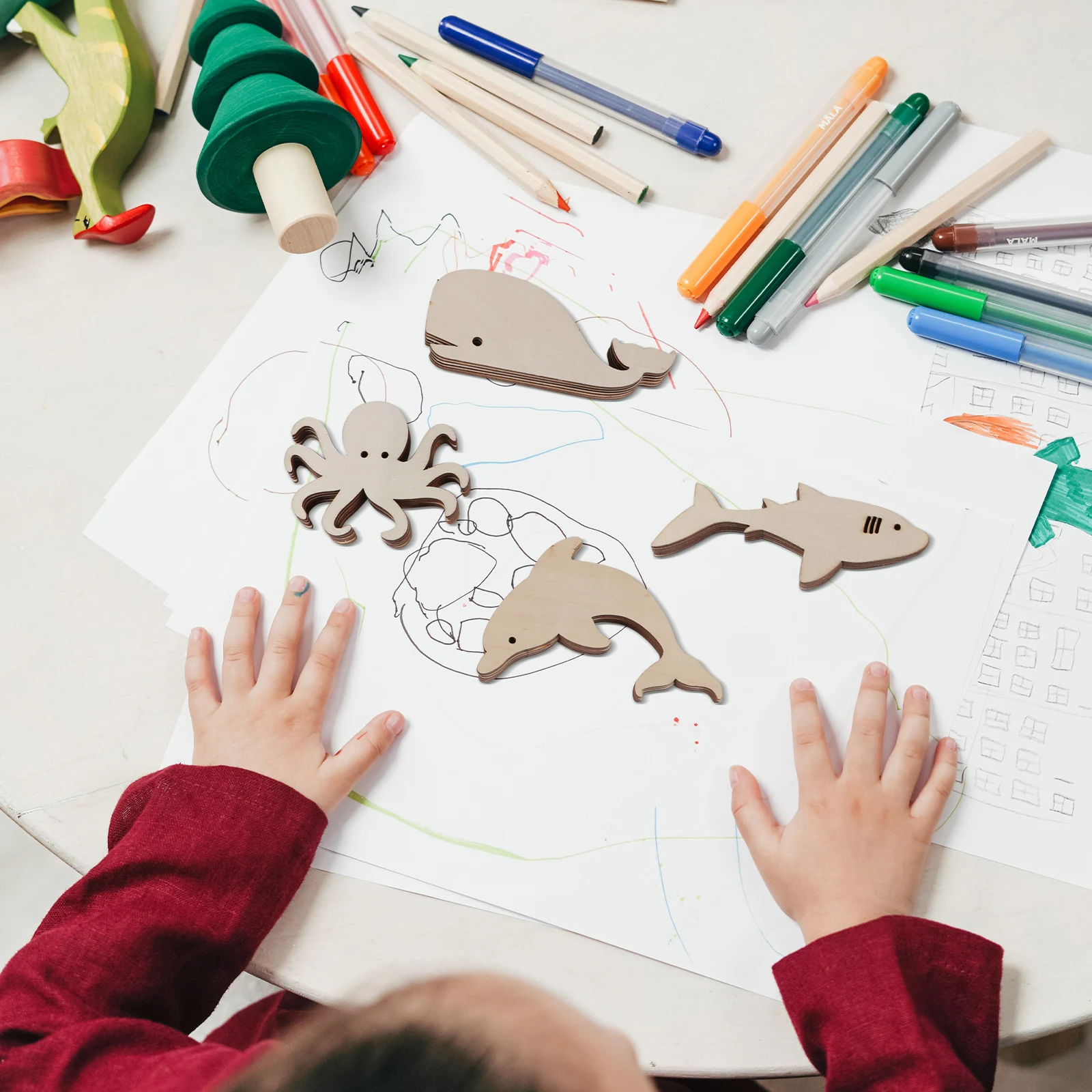 

24Pcs Wood Cutout Ocean Animals Unfinished Slices DIY Handicraft Painting Supplies for Kids Birthday Party