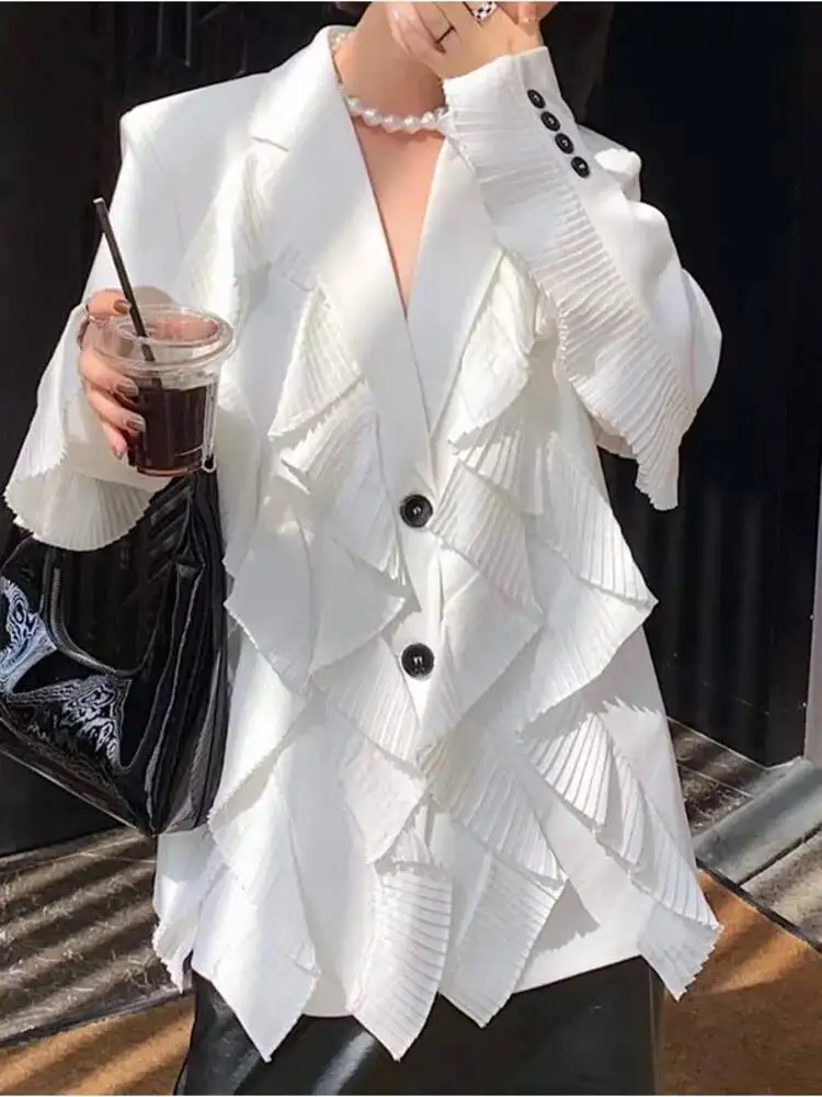 2024 Autumn Women's Blazer New Fashion Notched Loose Single Breasted Spliced Ruffles Long Sleeve Suit Jackets Female 13W3J