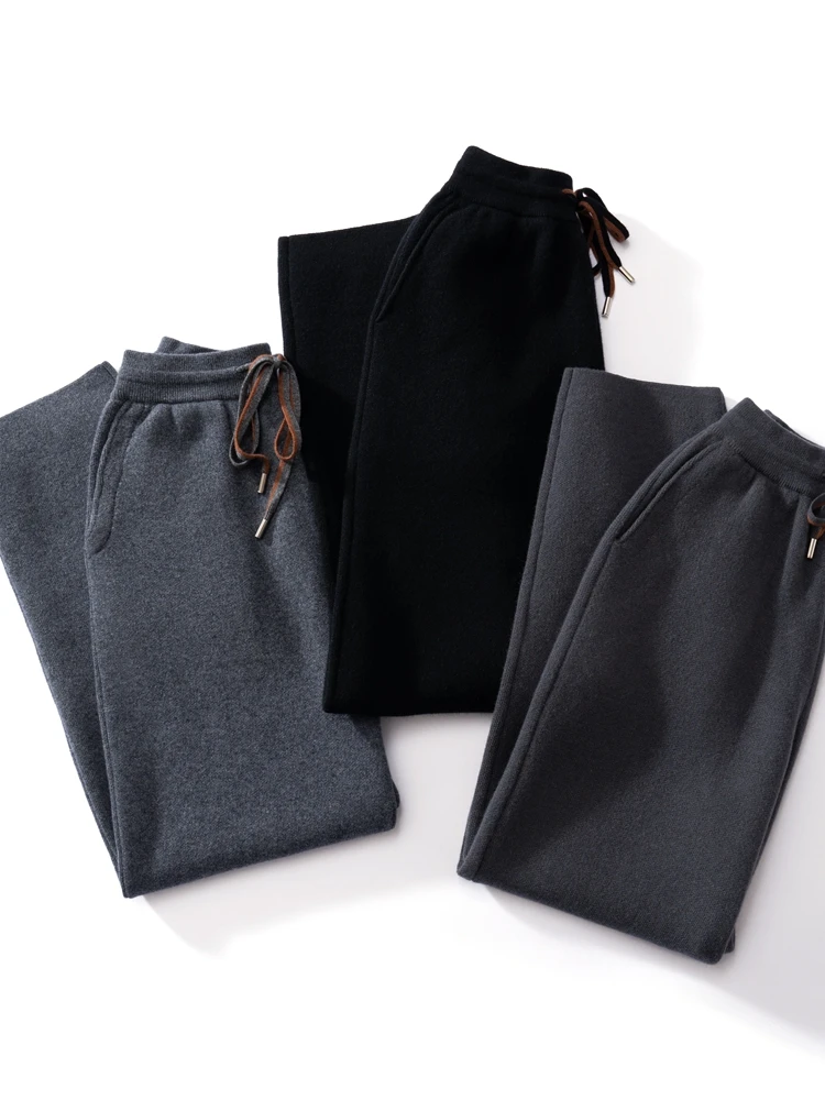 Autumn Winter Men Cashmere Pencil Pants Thicken Contrasting Drawstring Trousers 100% Cashmere Knitted Casual Pocket Simple Pants