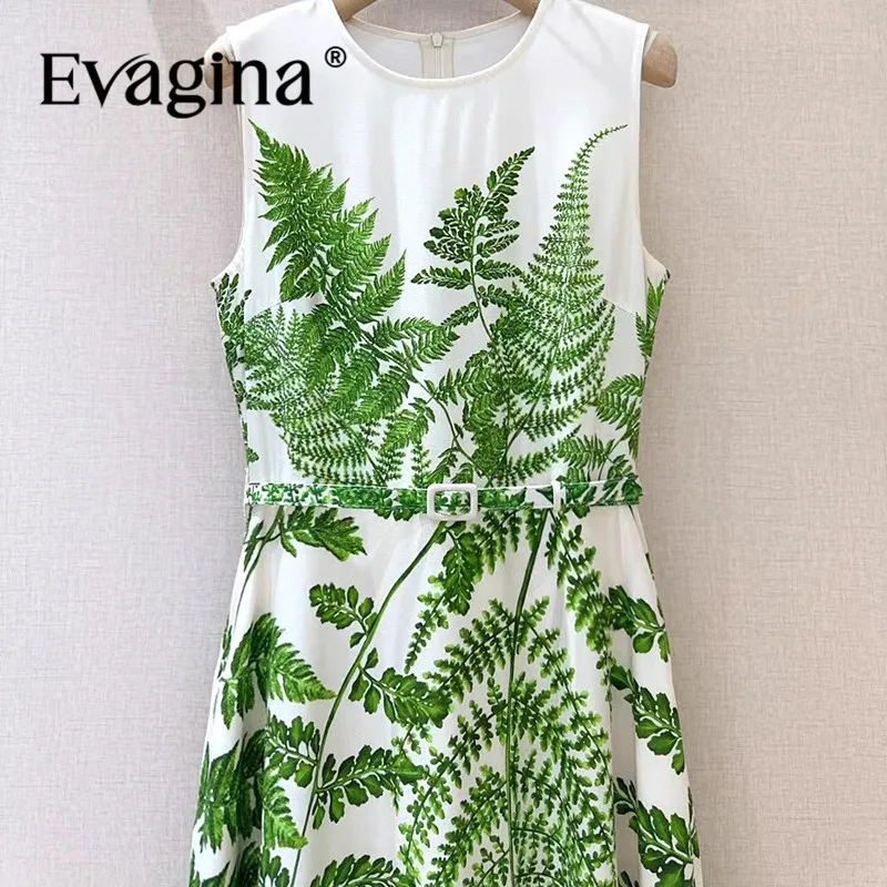Evagina Zielony nadruk Romantyczna codzienna podstawowa sukienka w stylu wakacyjnym dla kobiet Długie bawełniane sukienki bez rękawów z paskiem
