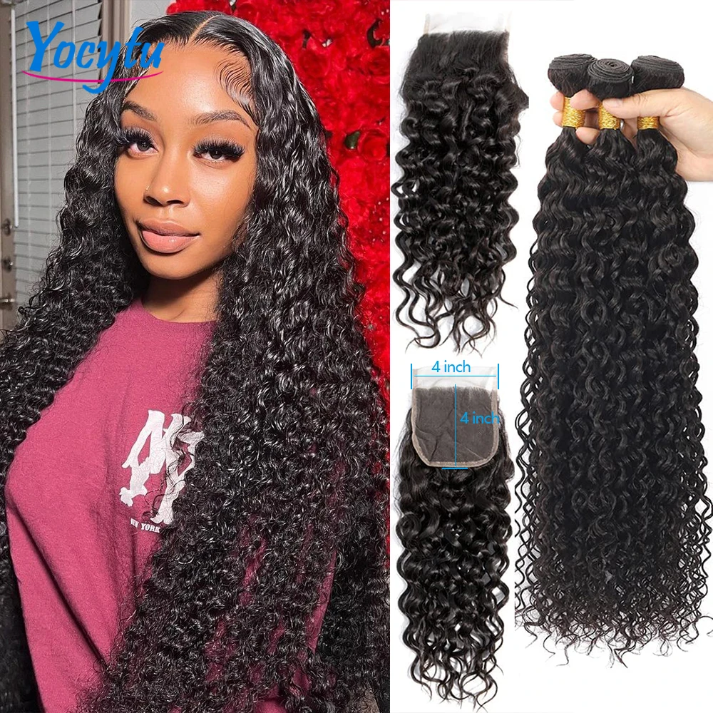 20 22 24 Pouces Water Wave Bundles Tissages Bresiliens Humains Avec Closure 4X4 Closure Cheveux Humain Mèches de Cheveux Avec Fermetures Tissage