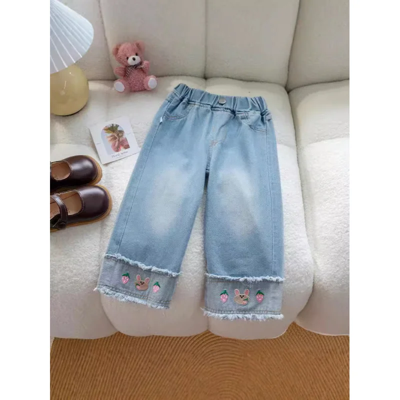 Kxkm-Girls' Children's Autumn Clothing Jeans2024Children's Fashionable Cartoon Rabbit Strawberry Casual Wide-Leg Trousers