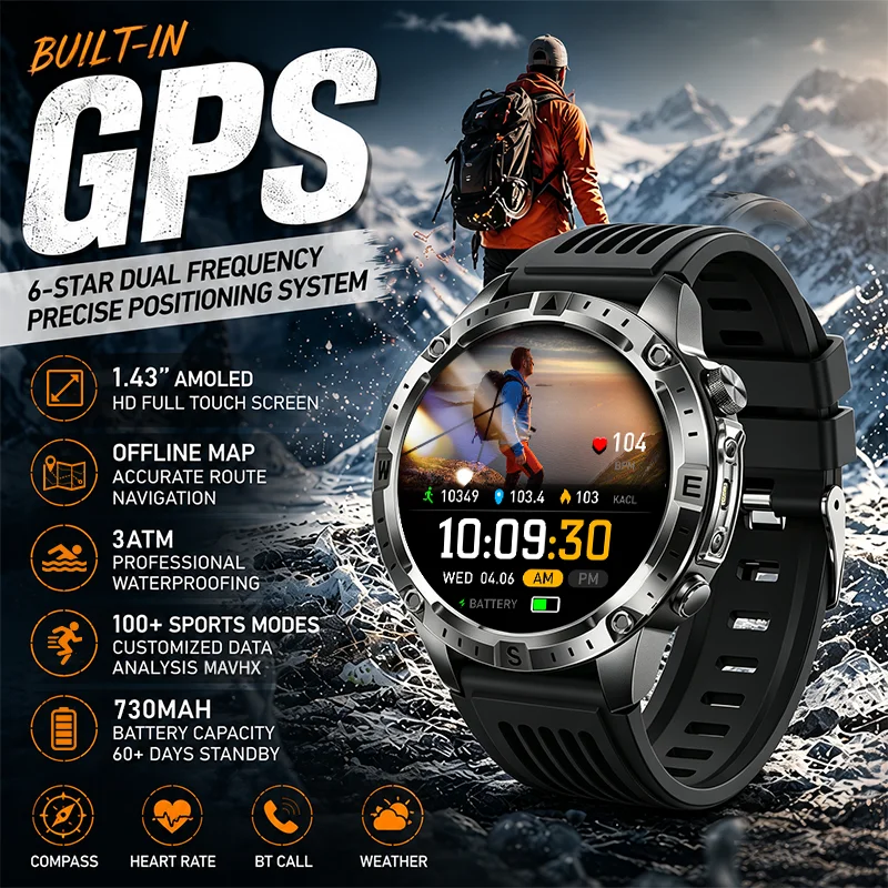 Nouvelle montre connectée de sport d'extérieur pour homme 2026 avec GPS intégré, écran AMOLED 1,43 pouces, appels Bluetooth, étanche 3ATM, cartes hors ligne, batterie 730 mAh, mémoire 2 Go, boussole, altimètre, baromètre, fréquence cardiaque, oxygène sanguin, suivi du sommeil, compatible Android et iOS