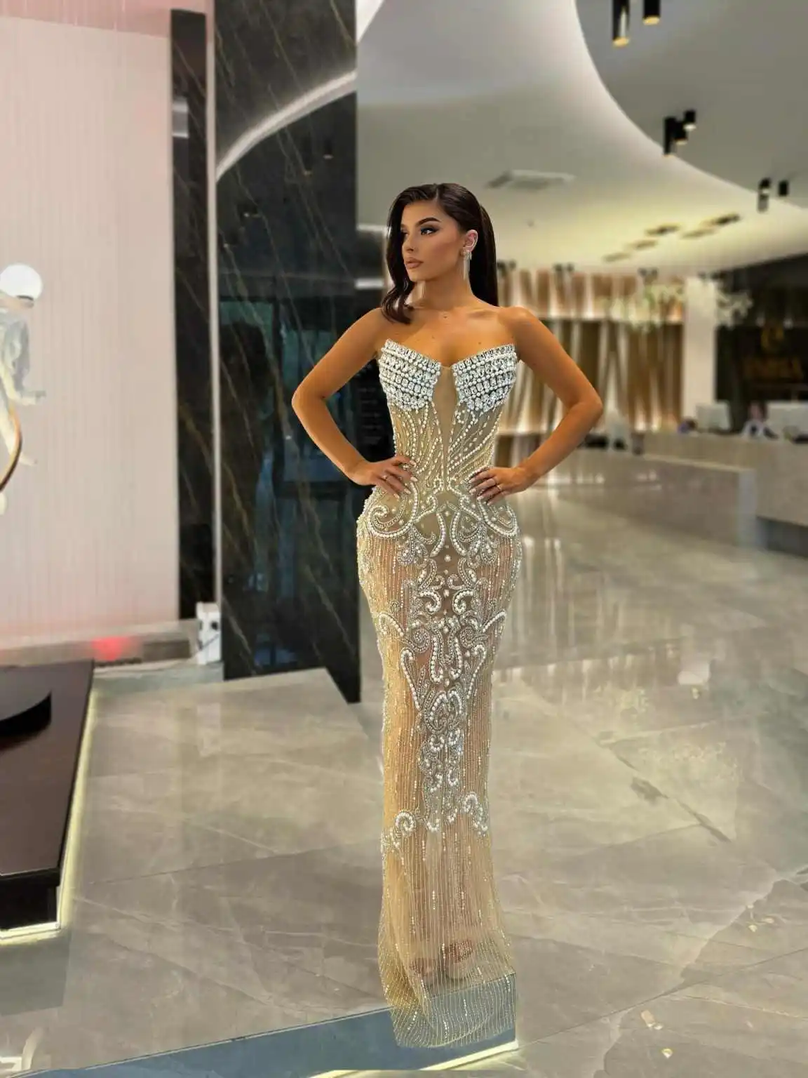 Elegant Prom Gown Crystal V-Neck Evening Dress Beads Party Prom Dresses Sleeveless Bridal Gowns Robes De Mariée Size Customized #2