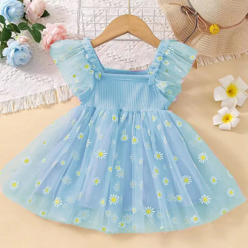 MERI AMMI For 1-10 year Daisy Flower Girls Birthday Dress Kid Children Clothing Petal Sleeves Party Christmas Knee Length Mesh