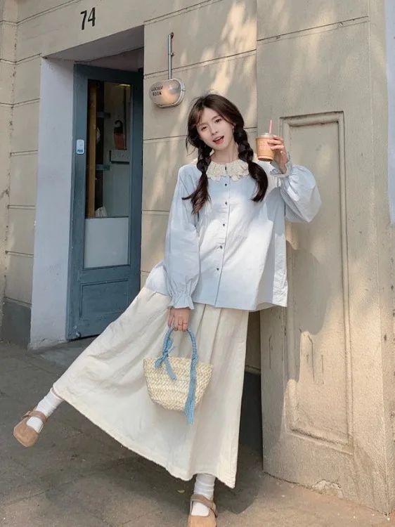 

Комплект: винтажная японская юбка и блузка больших размеров для женщин, с двойным слоем, рюшами на воротнике, длинными рукавами, из хлопка и льна, с завышенной талией