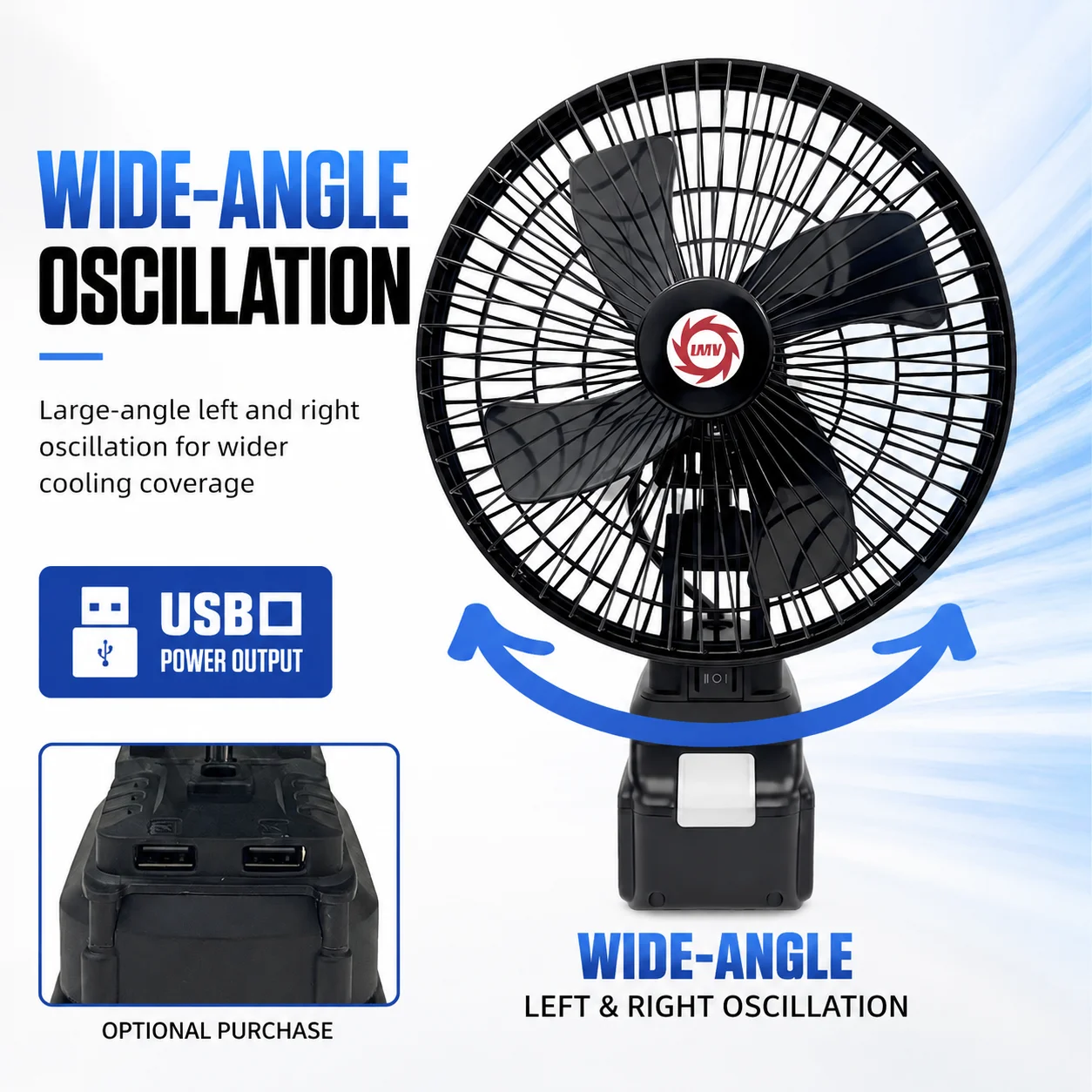 8-inch two-speed oscillating fan suitable for Makita batteries, perfect for outdoor camping, fishing, construction sites