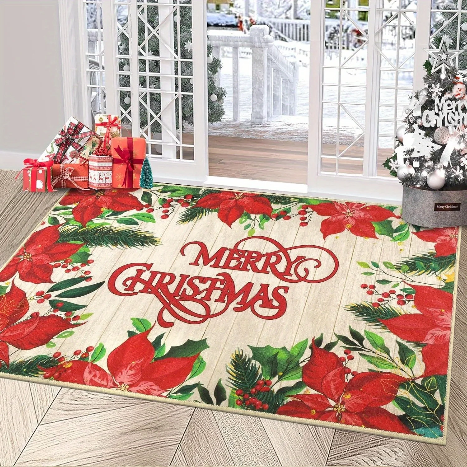 Christmas Santa Claus Door Mat Merry Christmas Holly Bell Holiday Entry Rug Porch Interior Floor Decor