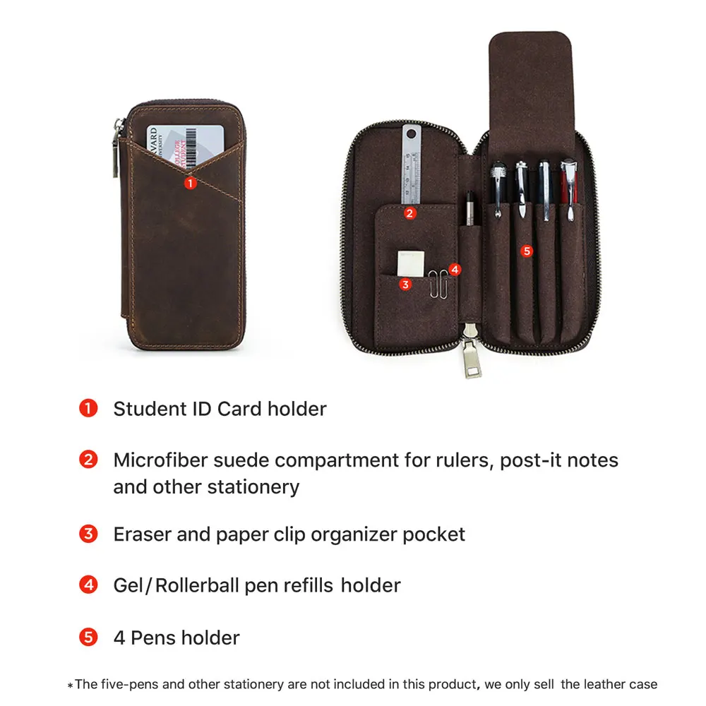 Eleganckie etui na długopisy z wysokiej jakości skóry licowej, zamykane na zamek, 4 przegródki, organizer na długopisy, wielofunkcyjna kieszeń na przybory biurowe, skórzana torba na długopisy, idealny prezent. — zdjęcie produktu 4