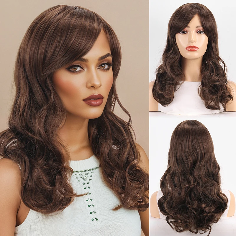 

Women's wig, diagonal bangs, daily long curly hair, European and American brown, large wave long hair, synthetic fiber wig