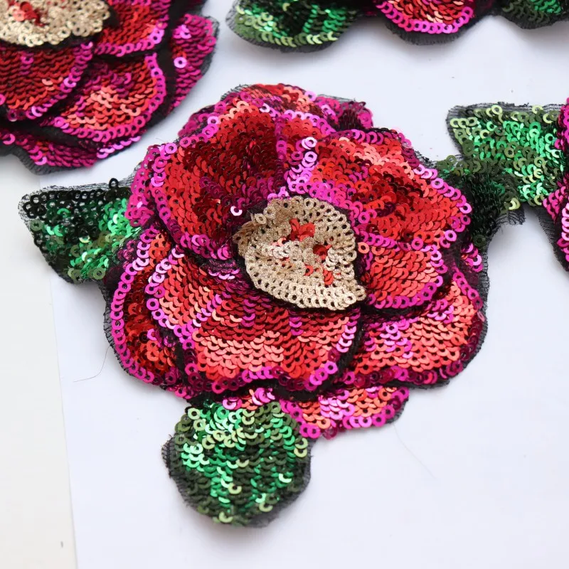 10 Pieces 3D Type Shining Sequins Red Rose Flower Patches Multi-layers DIY Clothes Applique