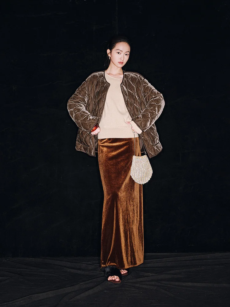 

Silk Velvet Lightweight Warm Goose down Jaet Stitching Velvet round Ne Long Sve Commute Sle YR0276