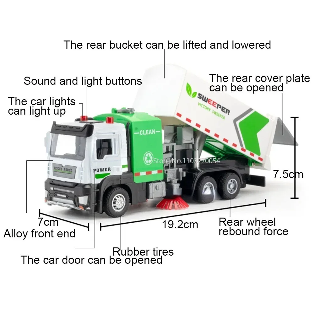 1/32 City Environmental Sanitation Sweeper lega Diecast Toy Car Model Sound Light Door può aprire un veicolo elevato per il regalo del bambino