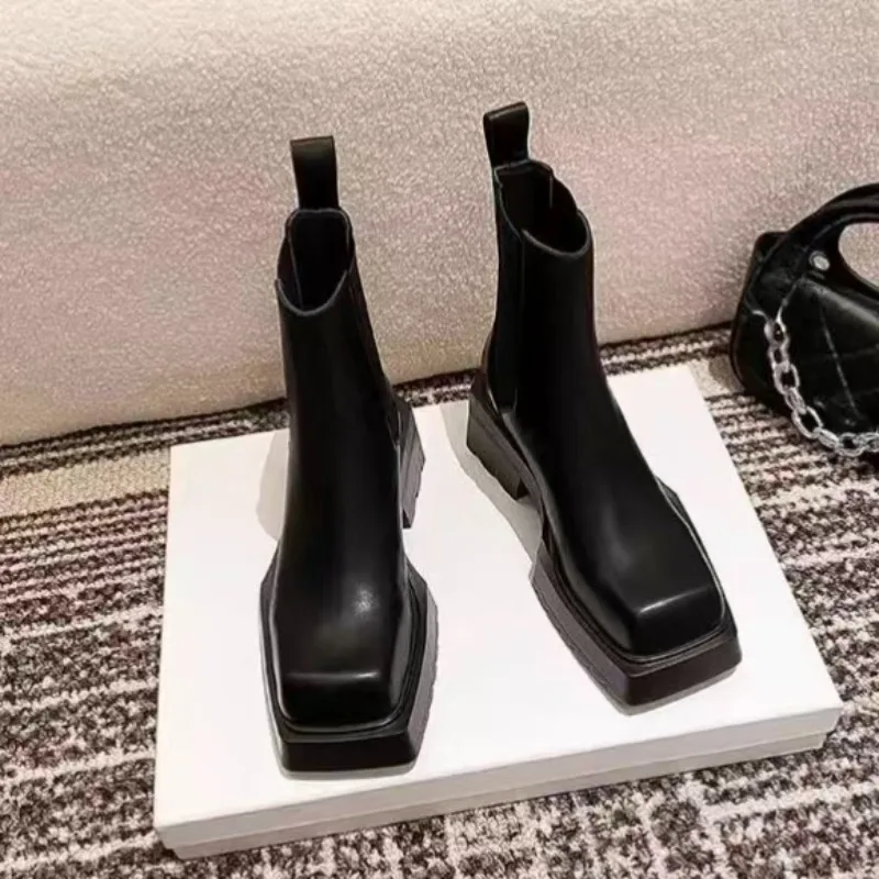 

Women's Square Toe High Top Ankle Boots New Leather Shoes Thick Soled Motorcycle Chelsea Short Boots