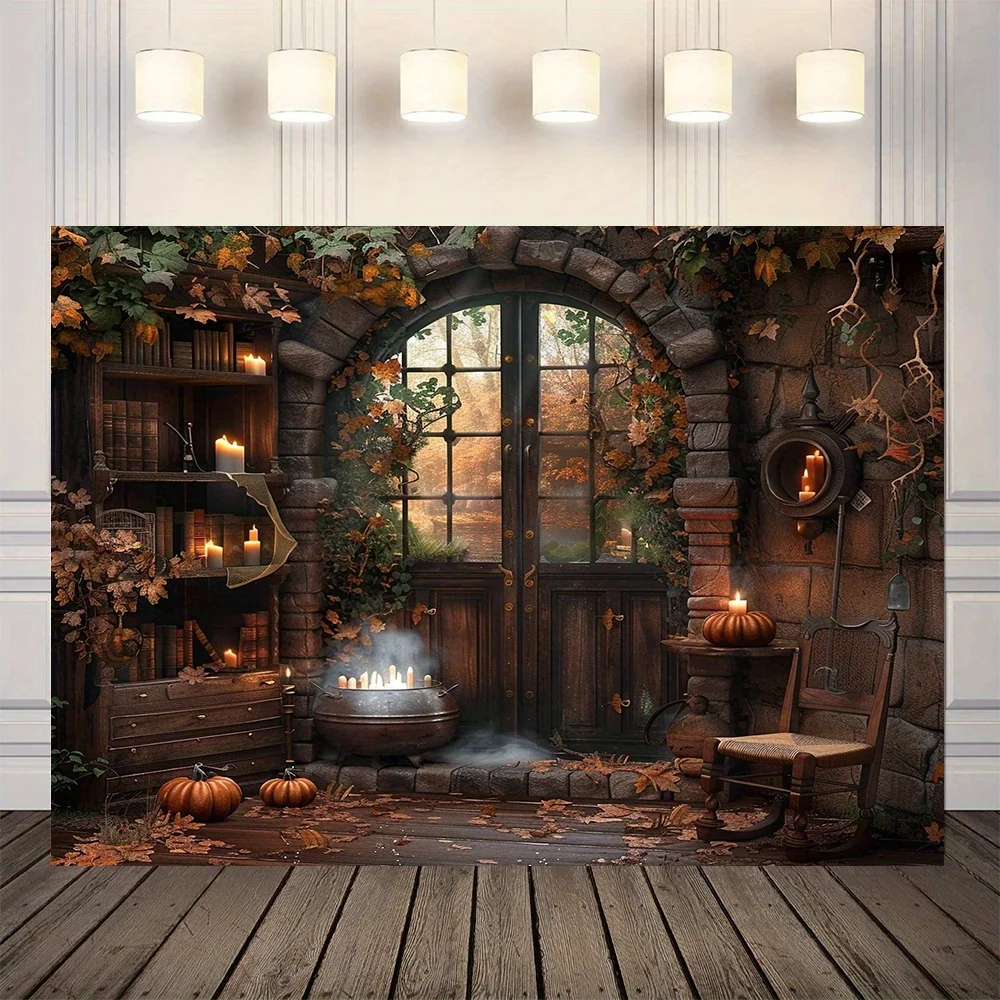 Halloween Retro Magic Room Background Witch Magic Potion Photography Background Medieval Wizard Candle Pumpkin Background