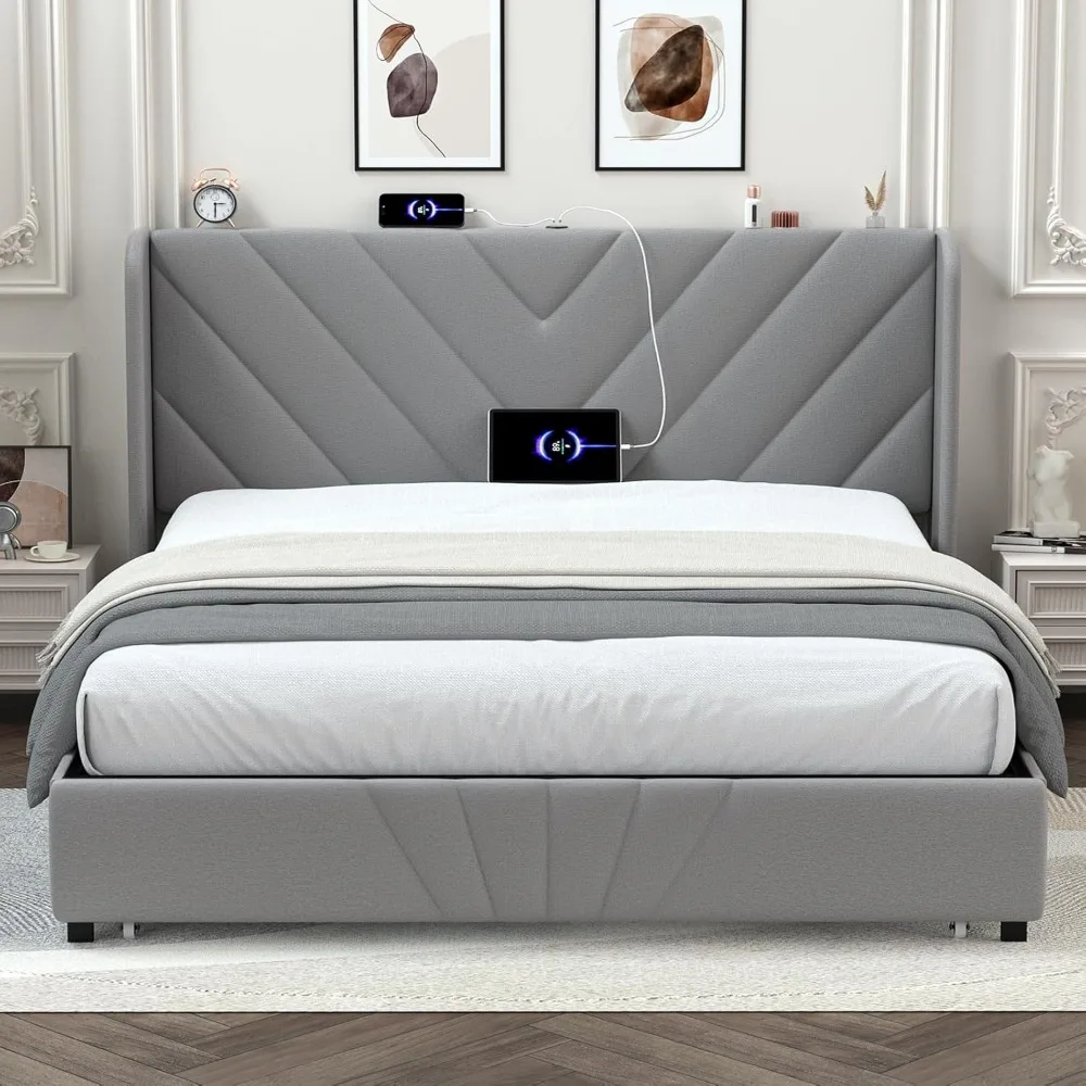 إطار سرير معدني بحجم كينج مع لوح رأسي منجد وأدراج تخزين ومنافذ USB ونوع C، لا حاجة إلى صندوق زنبركي #3