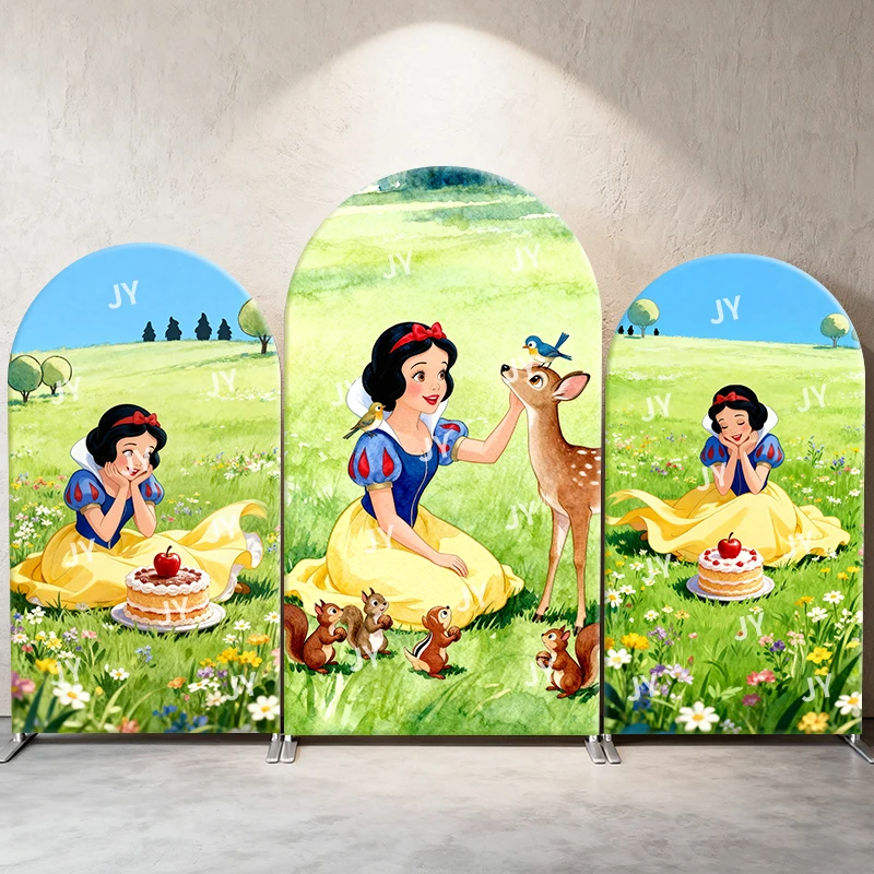 

Snow White Arch Backdrop Cover Forest Friends and Birthday Cake Cute Cartoon Birthday and Baby Shower Photo Booth Decor