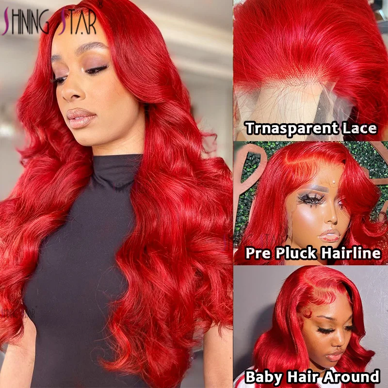 Hot Red Body Wave 13X6 Transparent Lace Front Wigs Pre Plucked 180 Density 100% Human Hair 13X4 Lace Frontal Wig Black Women