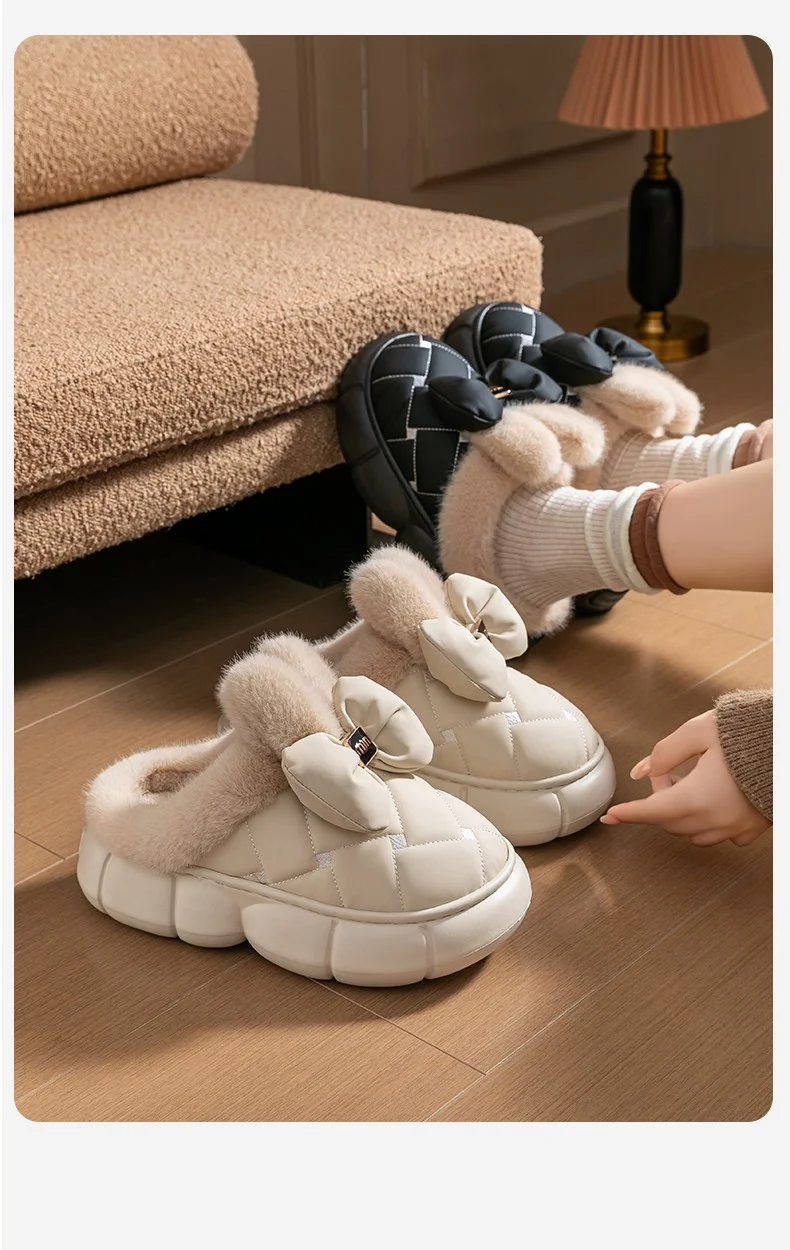 Winterliche, dicke Hausschuhe mit Plateausohle für Damen und Herren, 4 cm, weiche Sohle, flauschig, mit Schleife, warme Baumwollschuhe, rutschfest, für den Innenbereich, Freizeit- und Hausschuhe. – Detail 17