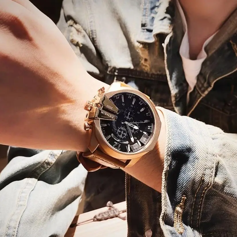 Luxury Oversized Dial Business Casual Men's Quartz Watch, Round Dial, Leather Strap, European and American Style New Trendy Personality Street Cool Handsome Social Guy Youth Student Trendy Men's Watch