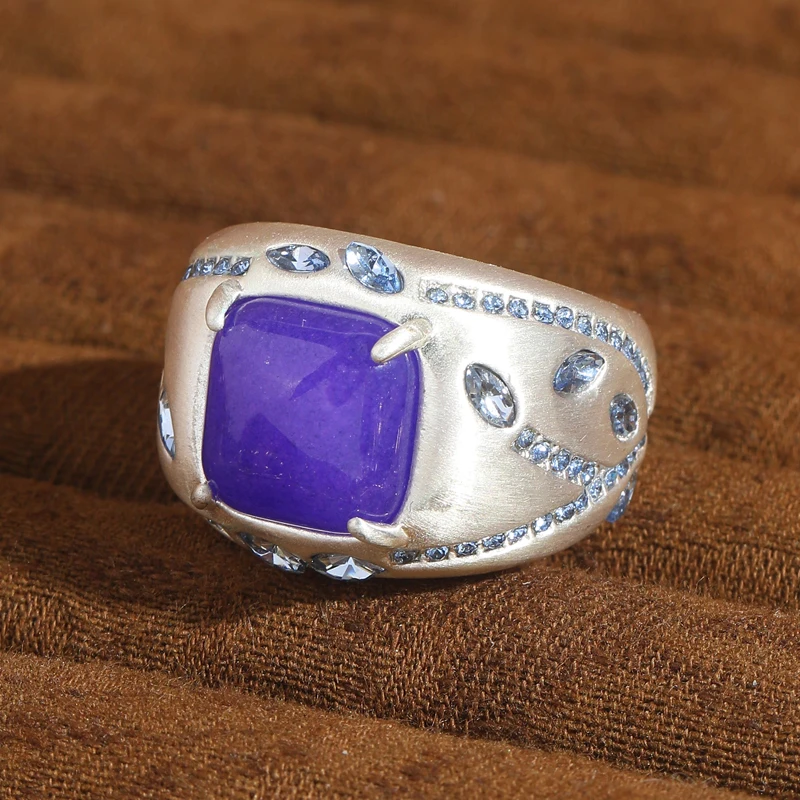 

Vintage Square Ring Purple Natural Stone Light Blue Crystal Rhinestone Woman Silver Plated Accessories Luxury Designer Jewelry