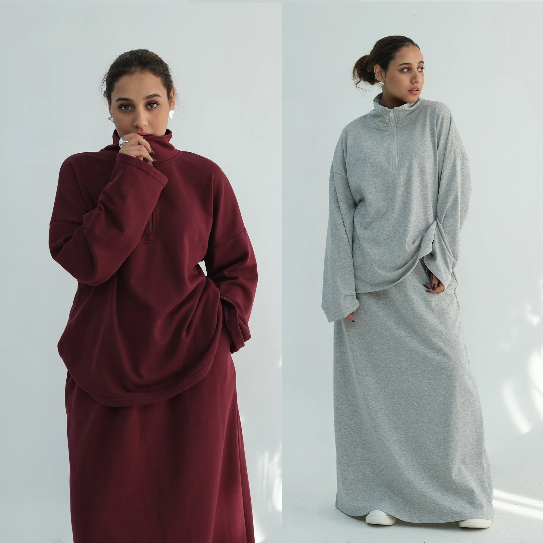 

Женский скромный комплект из 2 предметов, дышащий хлопковый зимний топ, юбка с однотонным узором, повседневная осенняя оптовая продажа, исламская одежда для взрослых